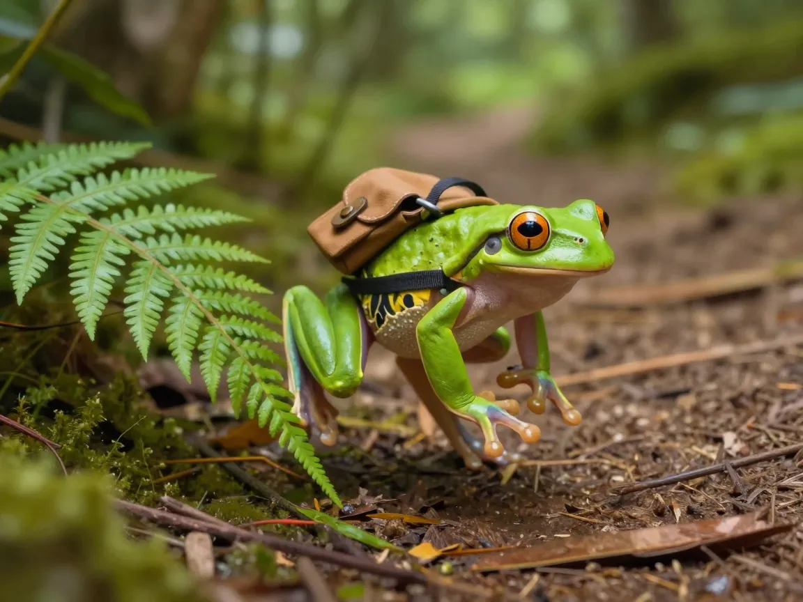 Backpack wearing adventurer frogs in vibrant forests
