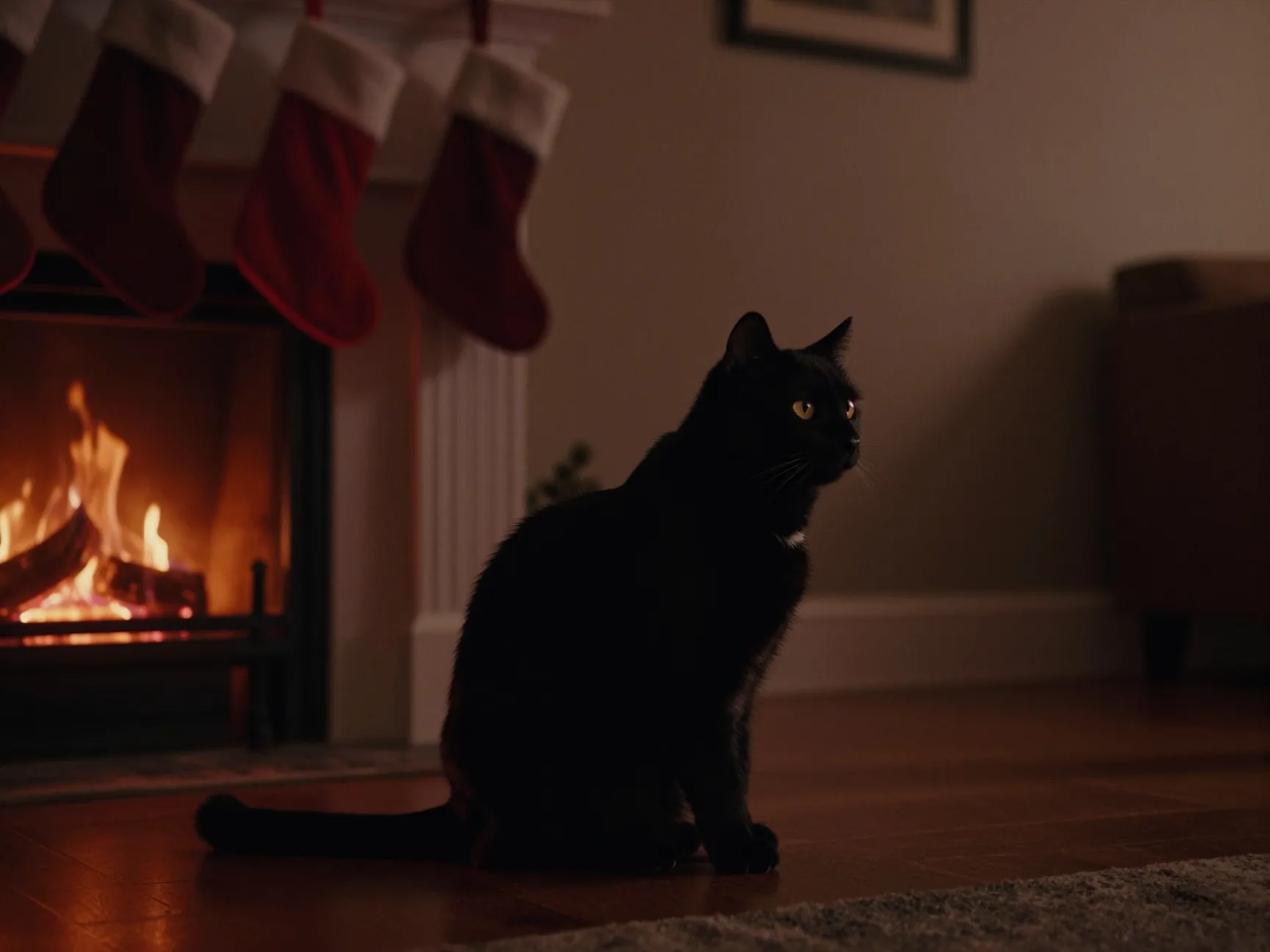 Mysterious midnight cat by the fireplace