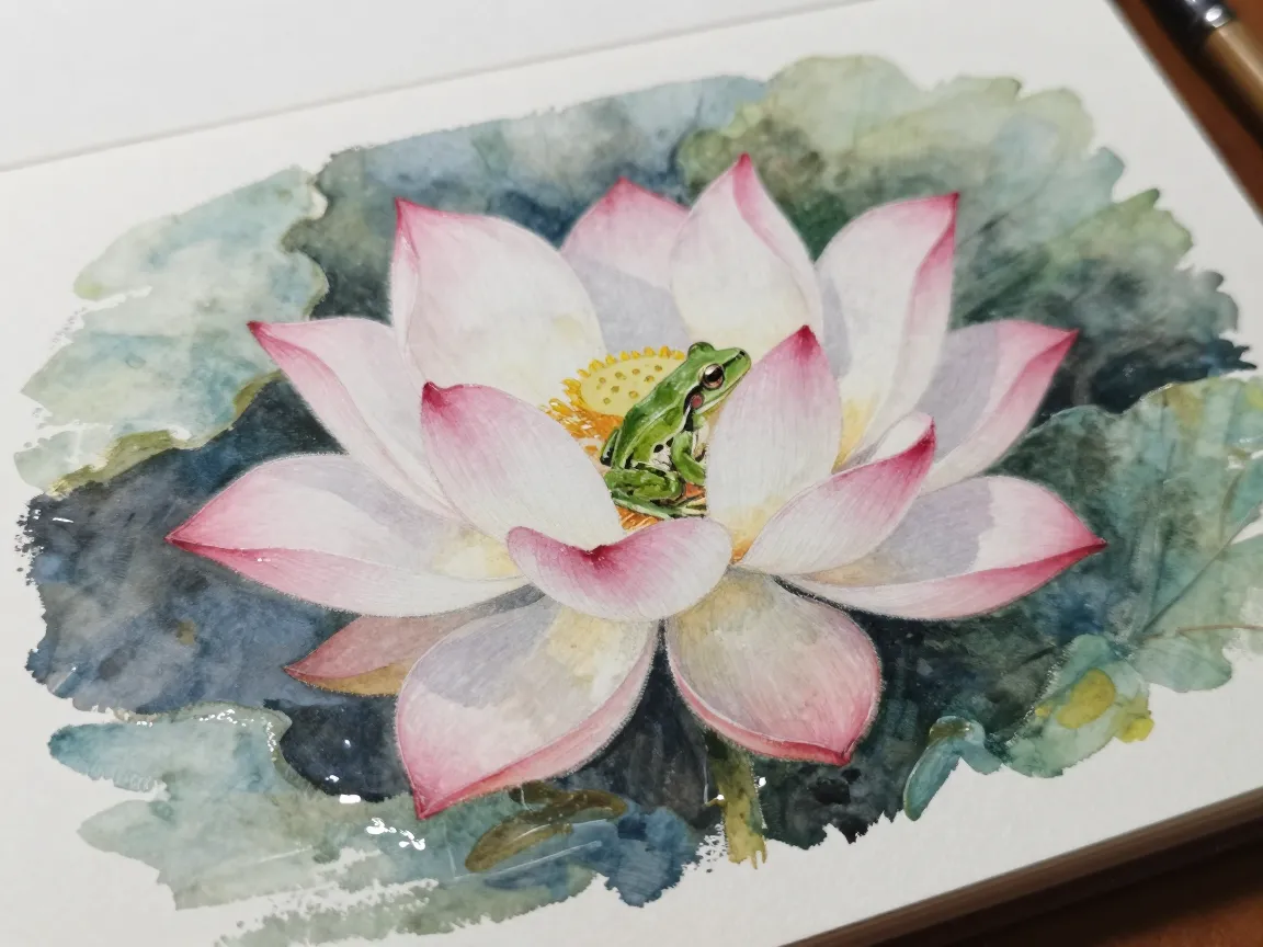 Flower and frog pond reflection