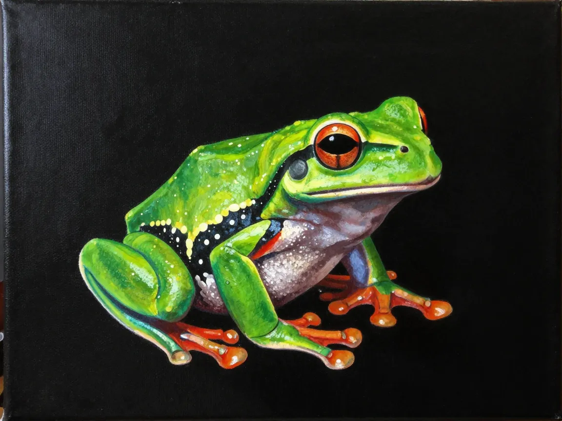 Adorable tree frog on black canvas