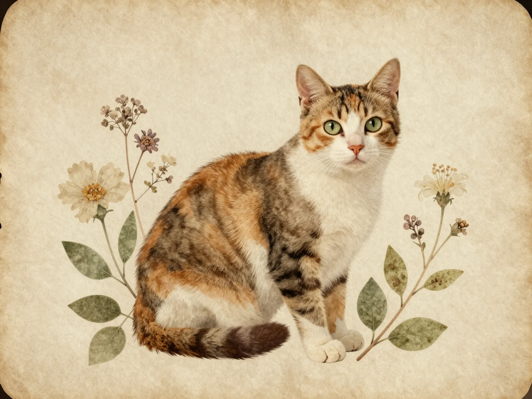 Vintage botanical calico cat