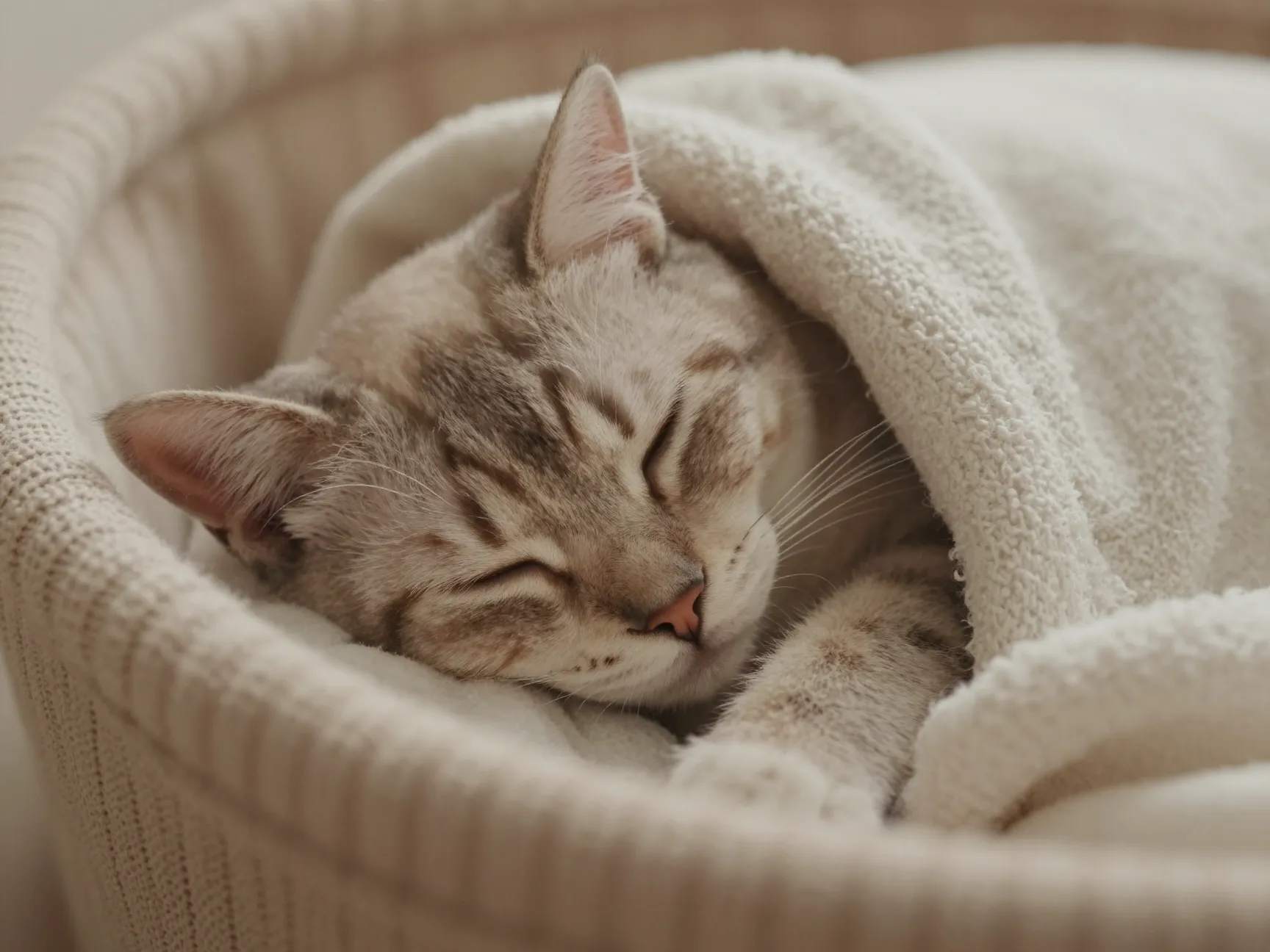 Cozy sleeping kitten with warm blanket texture
