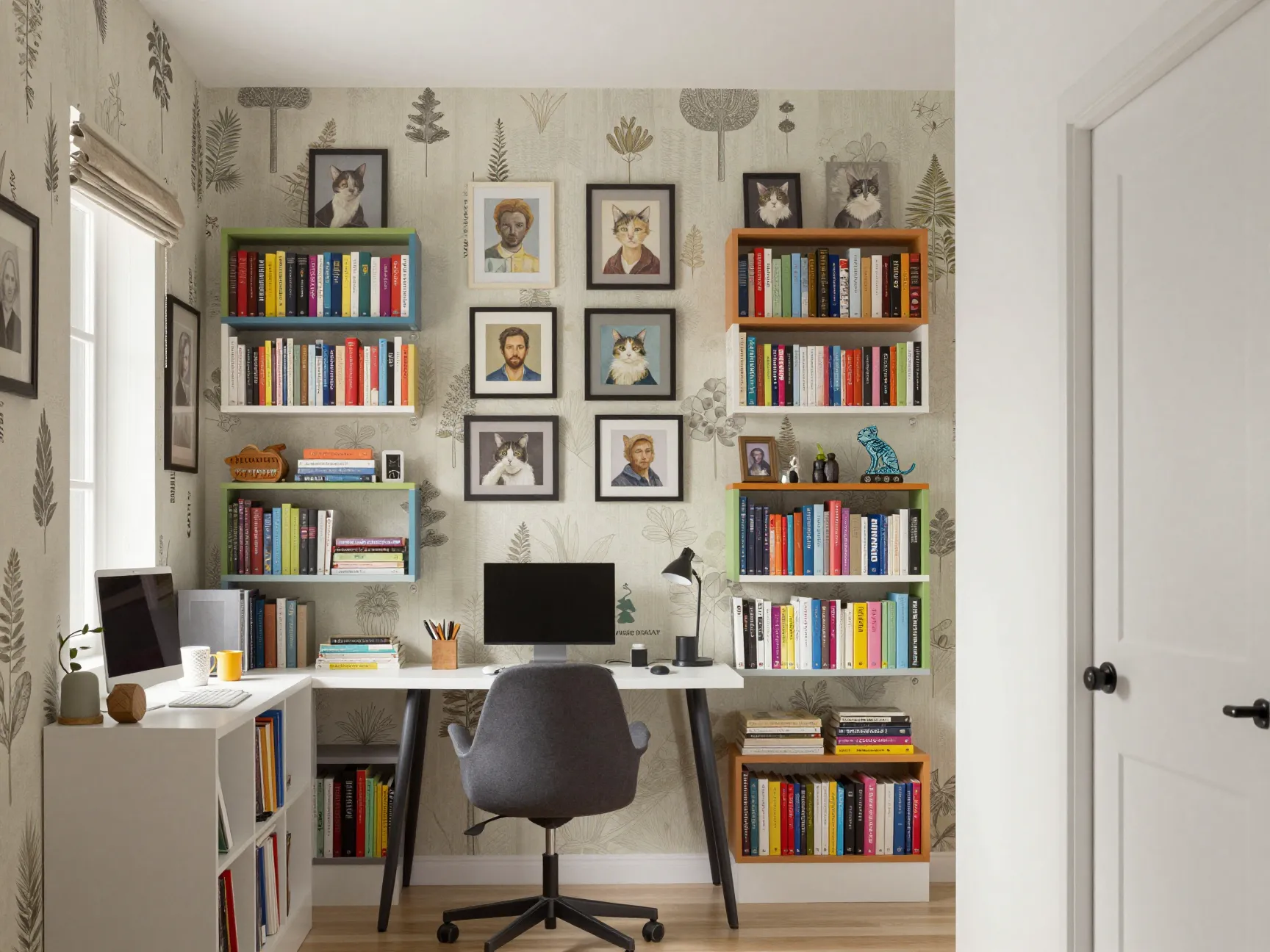 Whimsical library and gallery style cat scenes