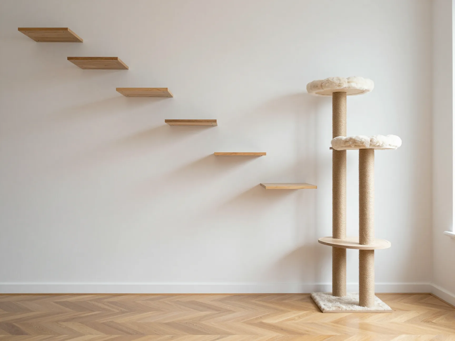 Integrated modern cat trees and vertical shelves