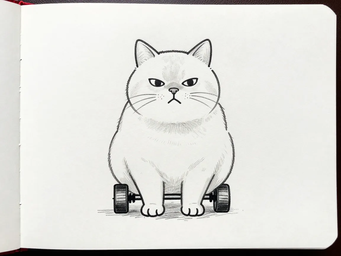 The chubby cat on tiny wheels