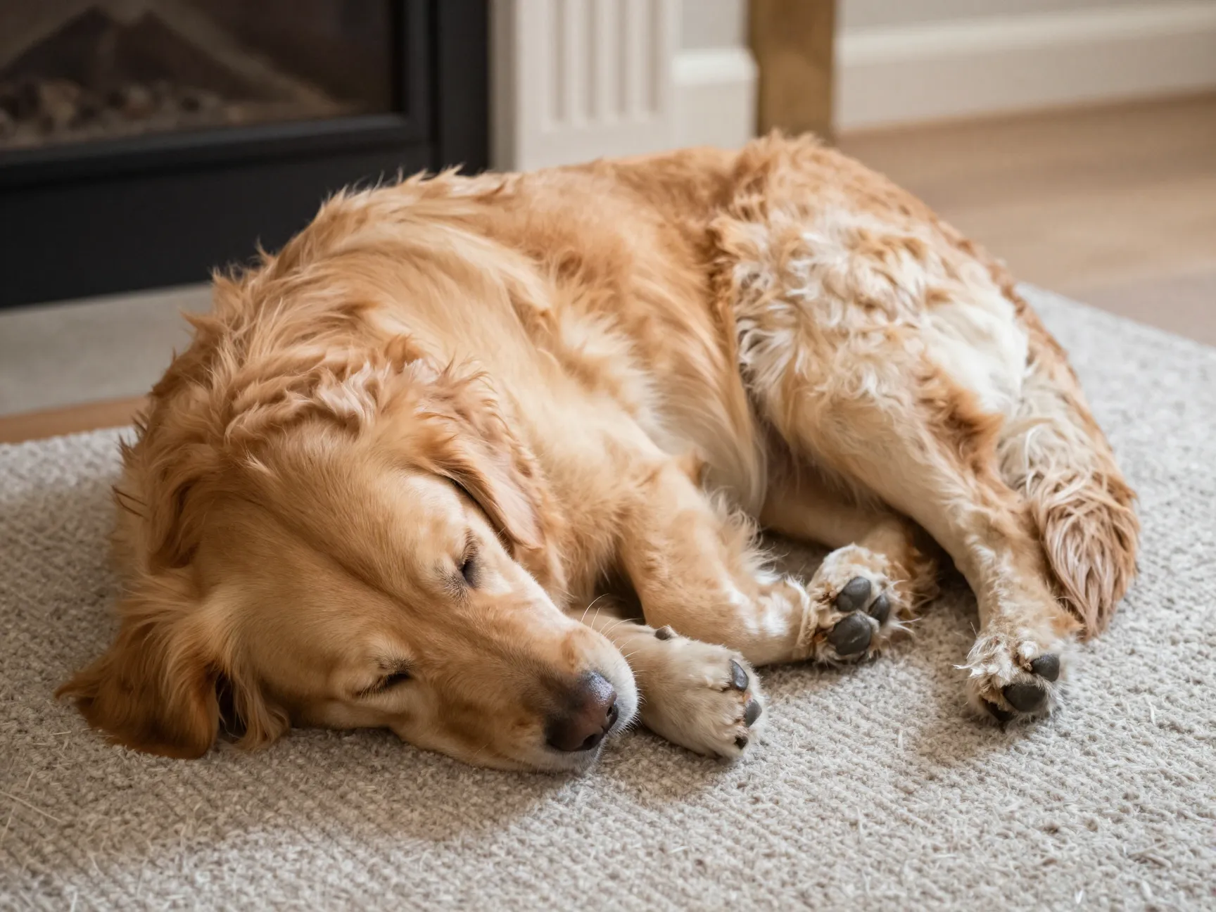 Curled up nap on a rug classic side view composition