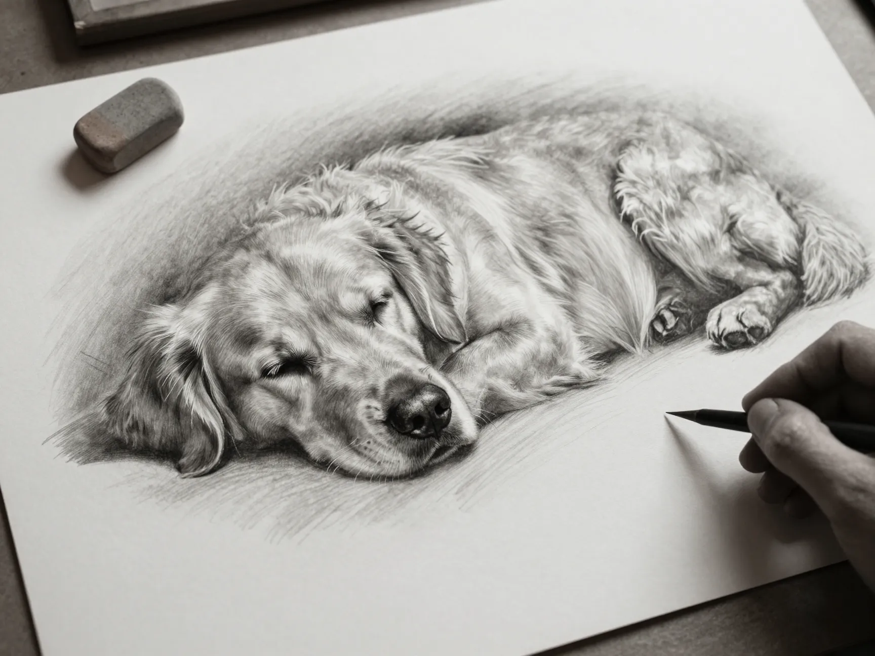 Realistic pencil or charcoal sleeping retriever study