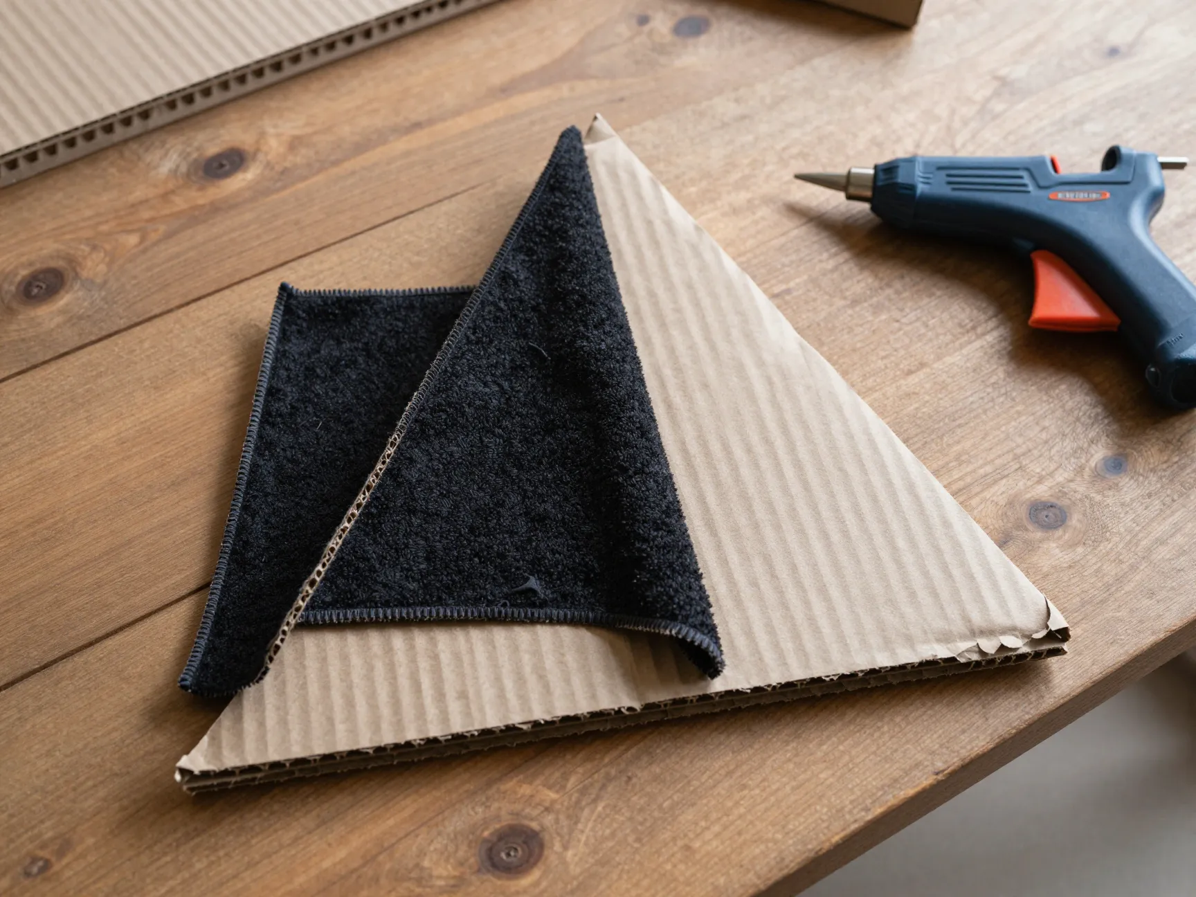 Upcycled cardboard and bathrobe ears for sturdy structure