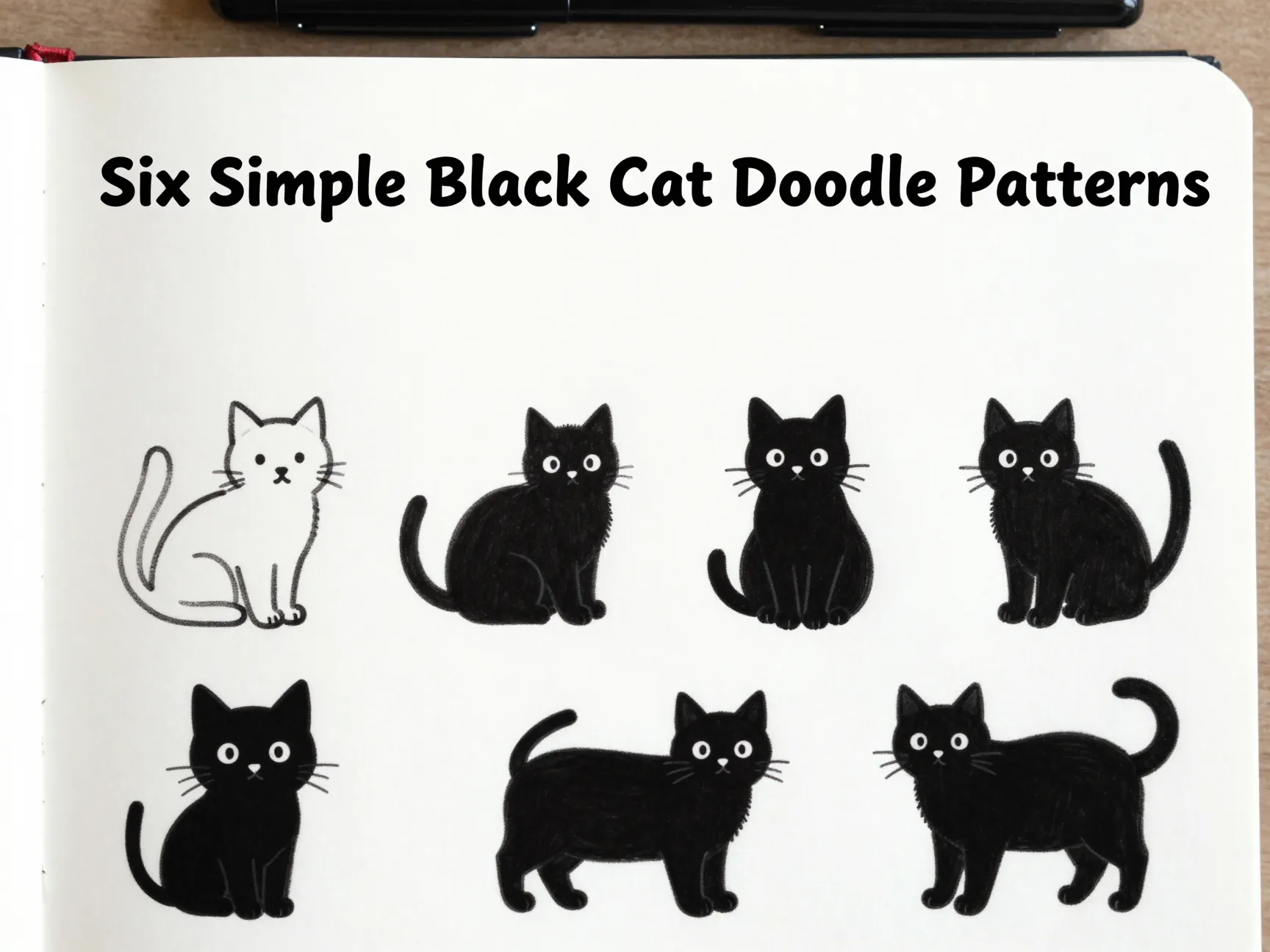 Six simple black cat doodle patterns