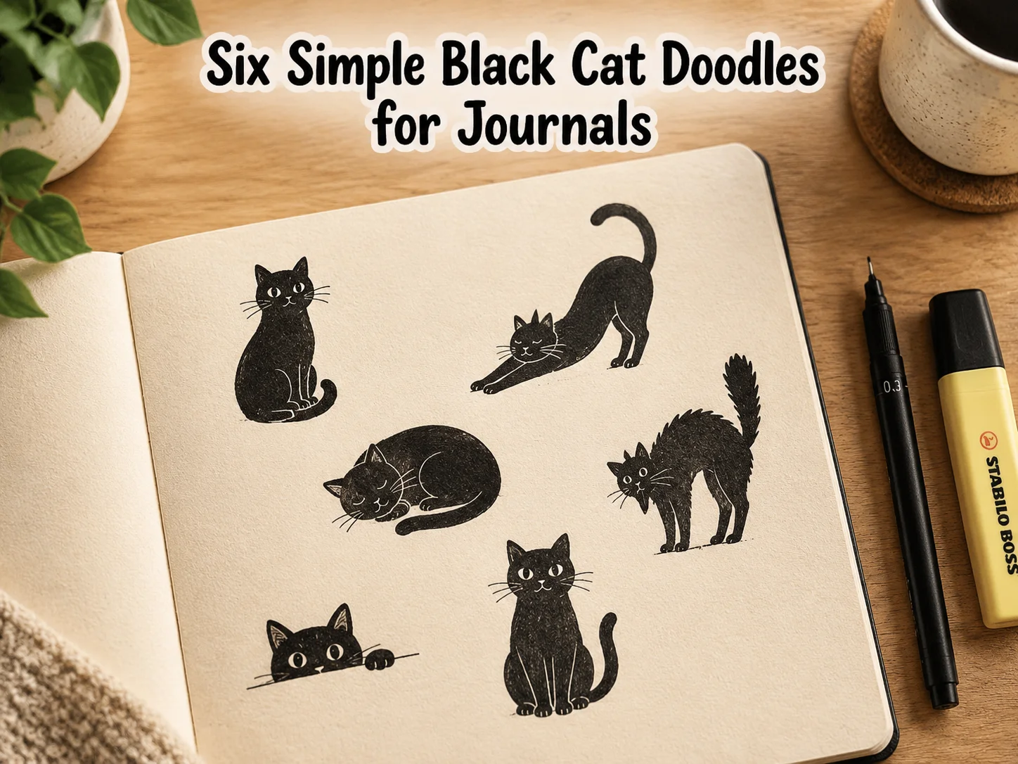 Six simple black cat doodles for journals