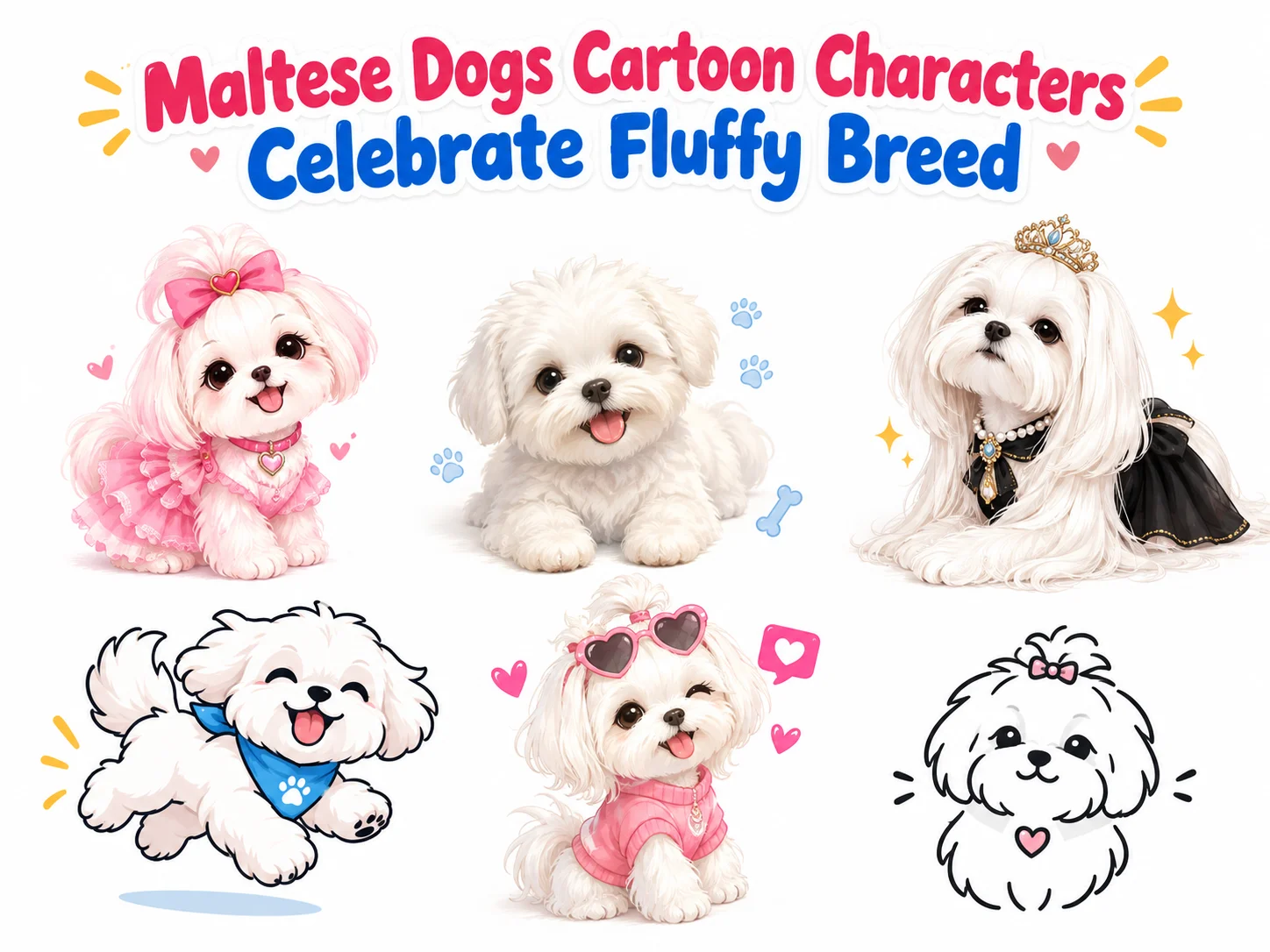 Maltese dogs cartoon characters celebrate fluffy breed