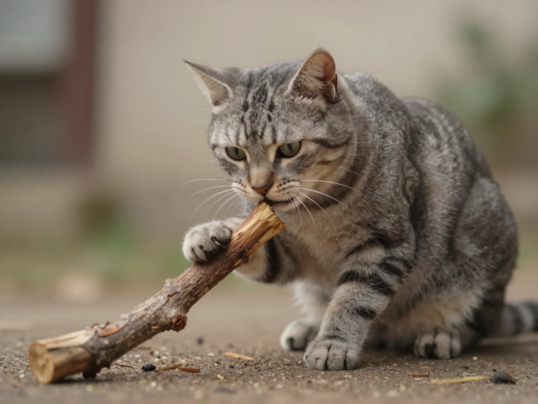 Sitting or crouched with his stick