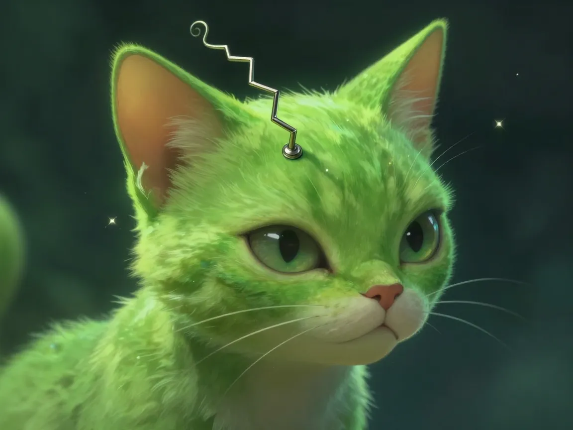 Antenna topped chartreuse alien cat persona