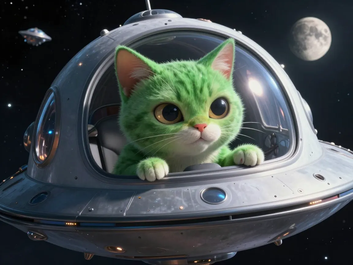 Green alien cat riding a flying saucer