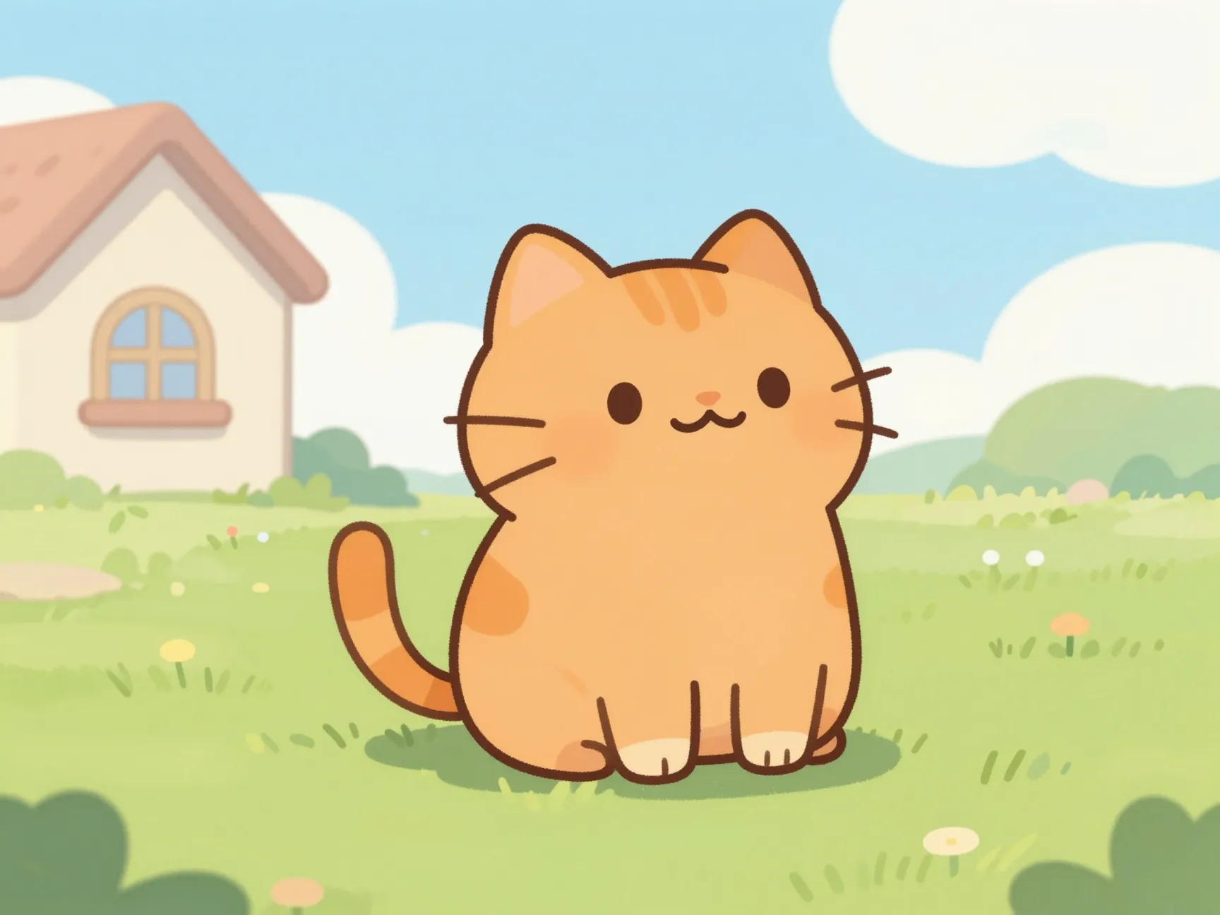 Illustrated cartoon orange cat in a pastel scene