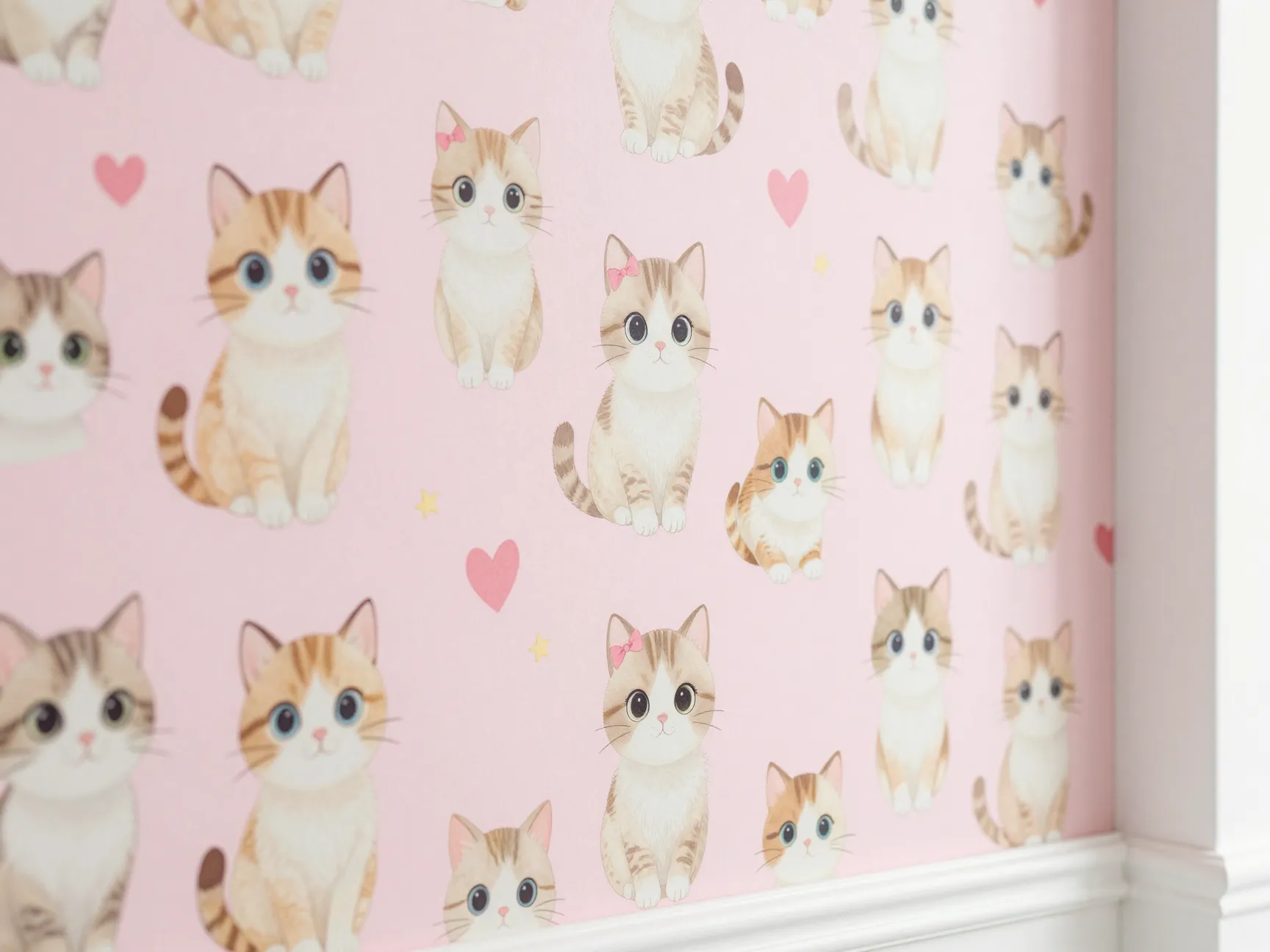 Kawaii pastel kittens with bows and hearts