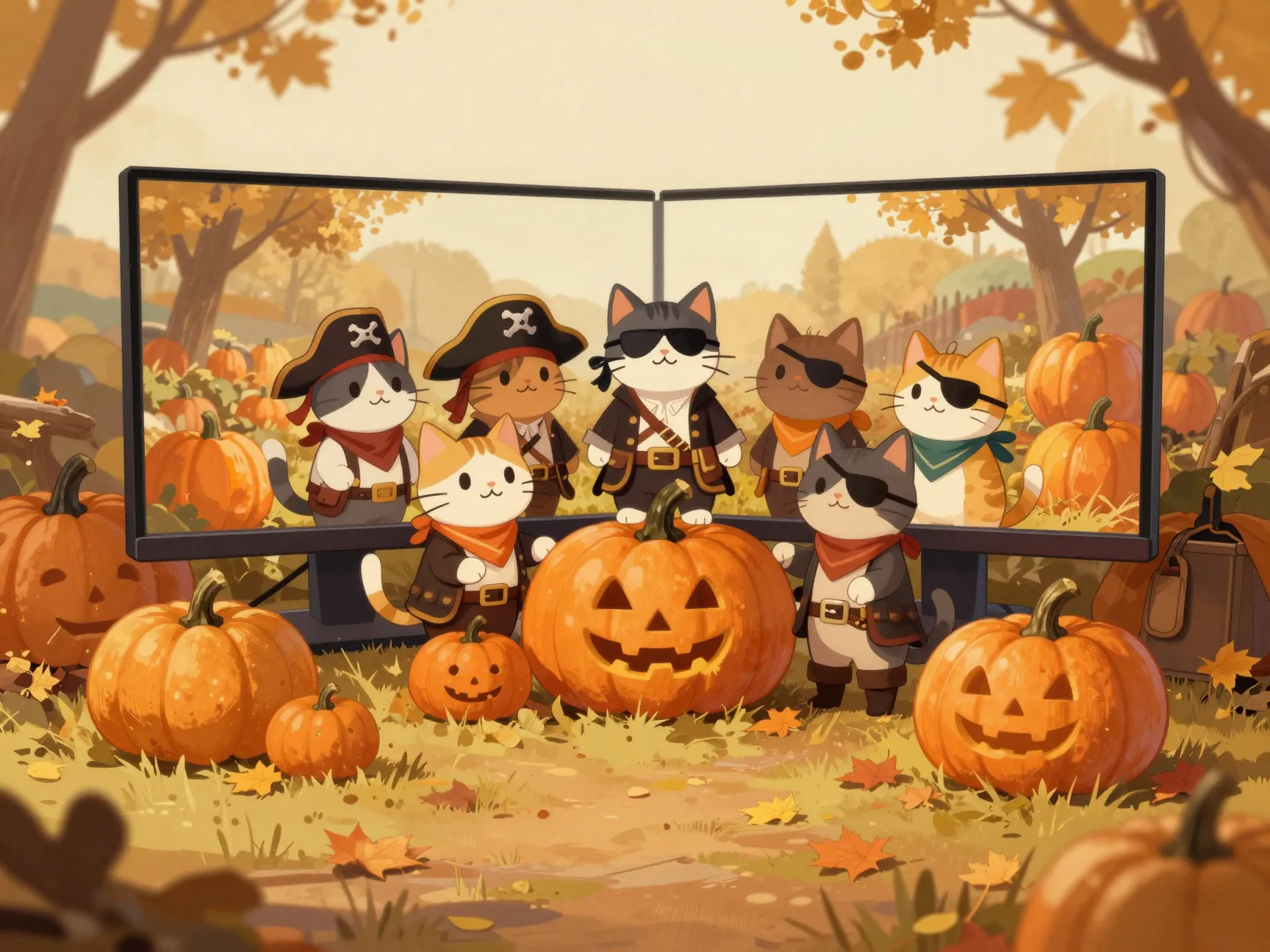 5 pumpkins and pirate cats scene
