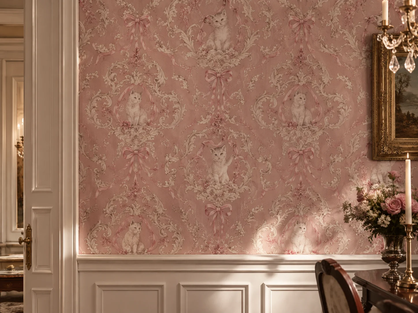 Damask style ribbons and small cats