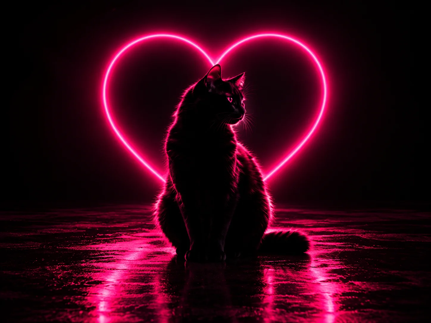 Neon heart black cat under pink neon glow