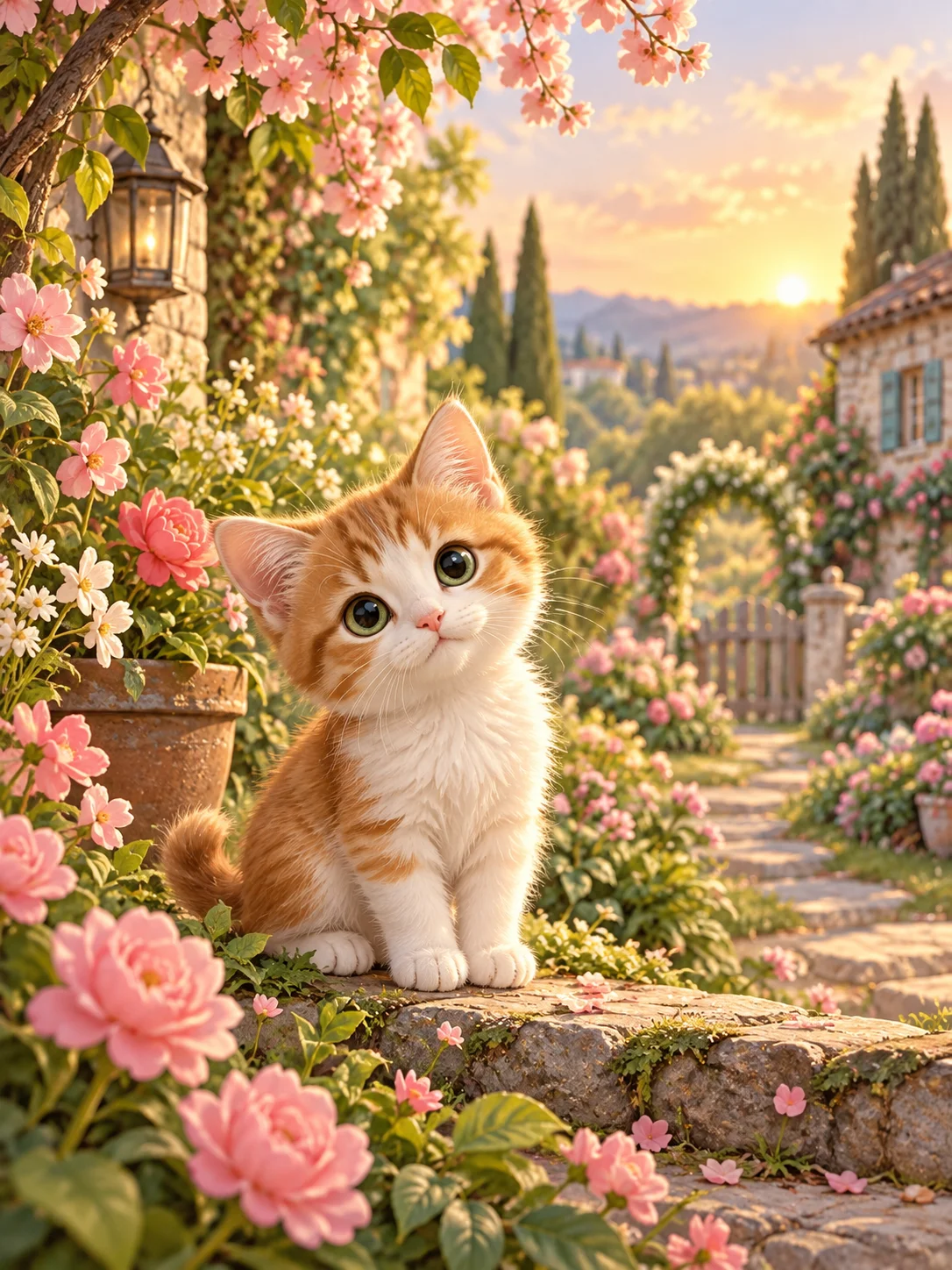 Sweet kitty and spring blossoms in a pink garden scene