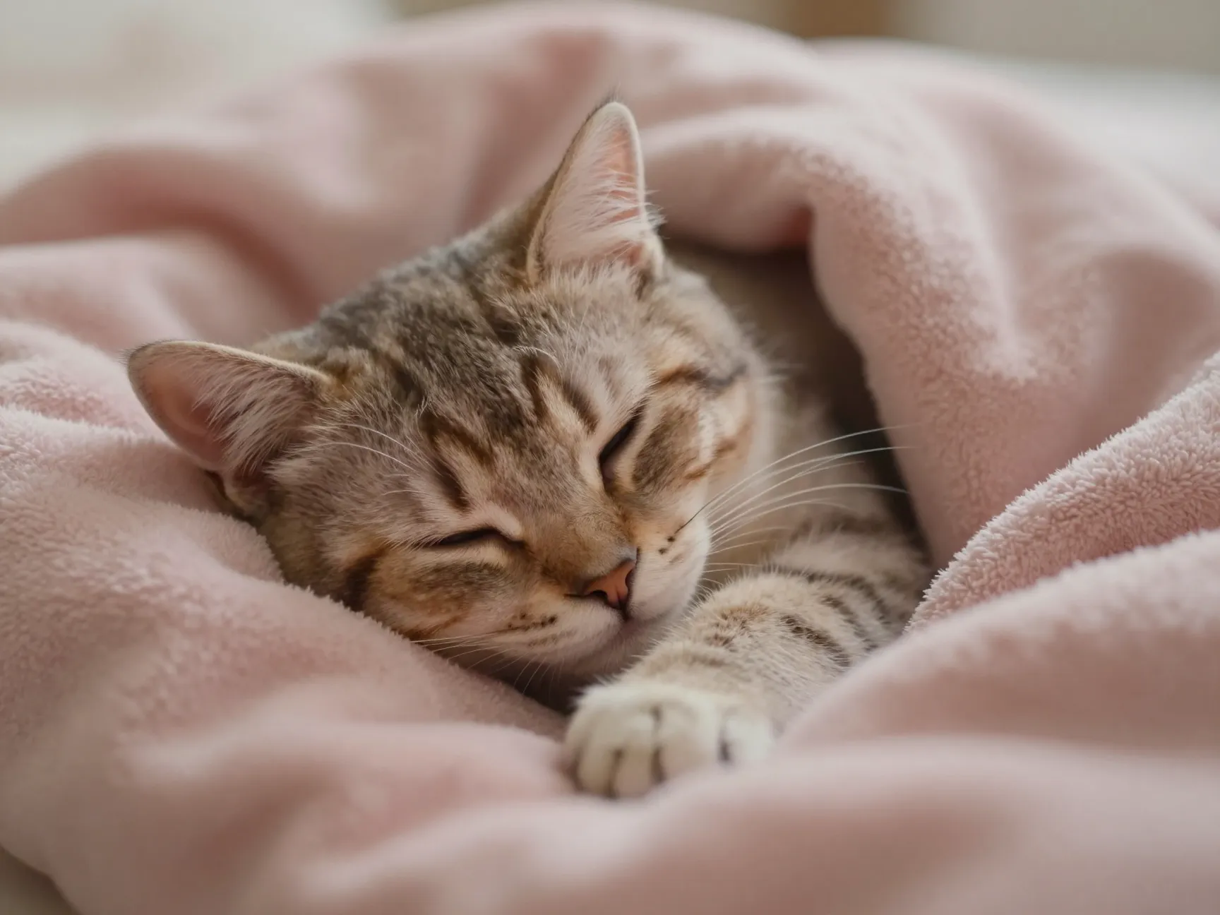 Sleeping kitten on a soft pink blanket