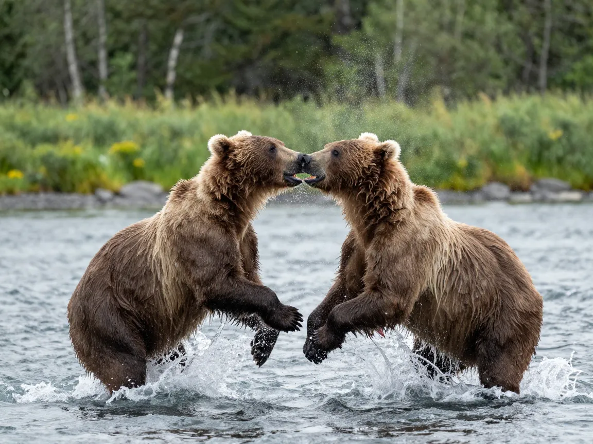 Sparring brown bears mid splash