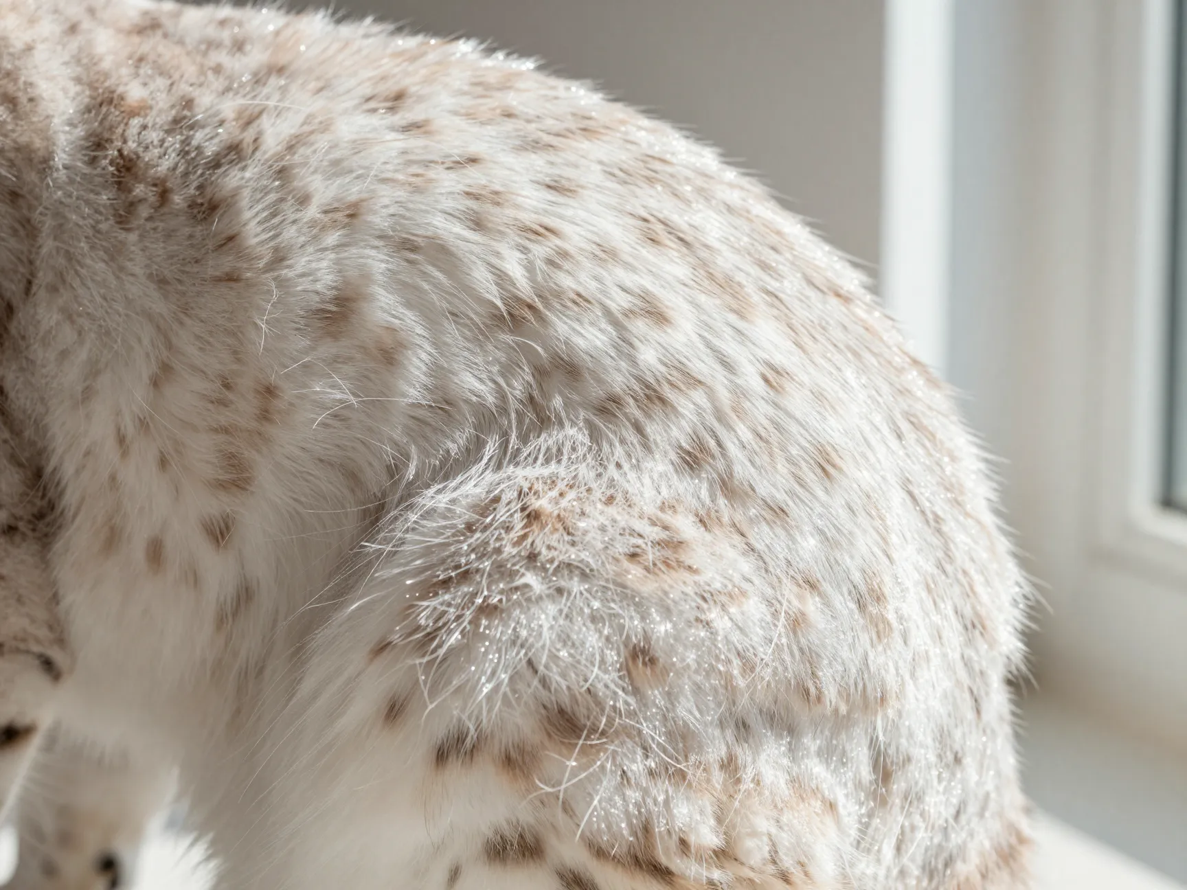 A pearlescent or glitter sheen across the coat