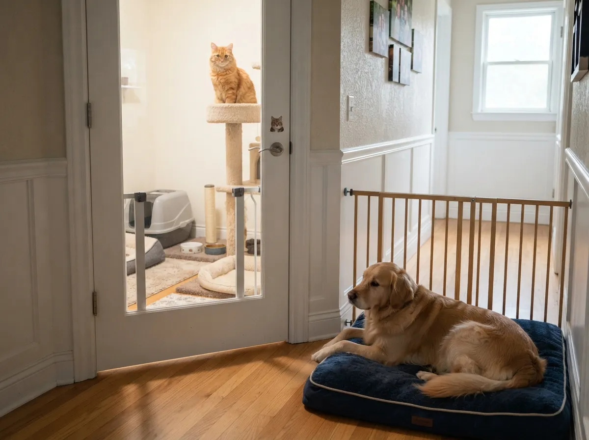Prepare separate territories before introducing a golden retriever and an orange cat