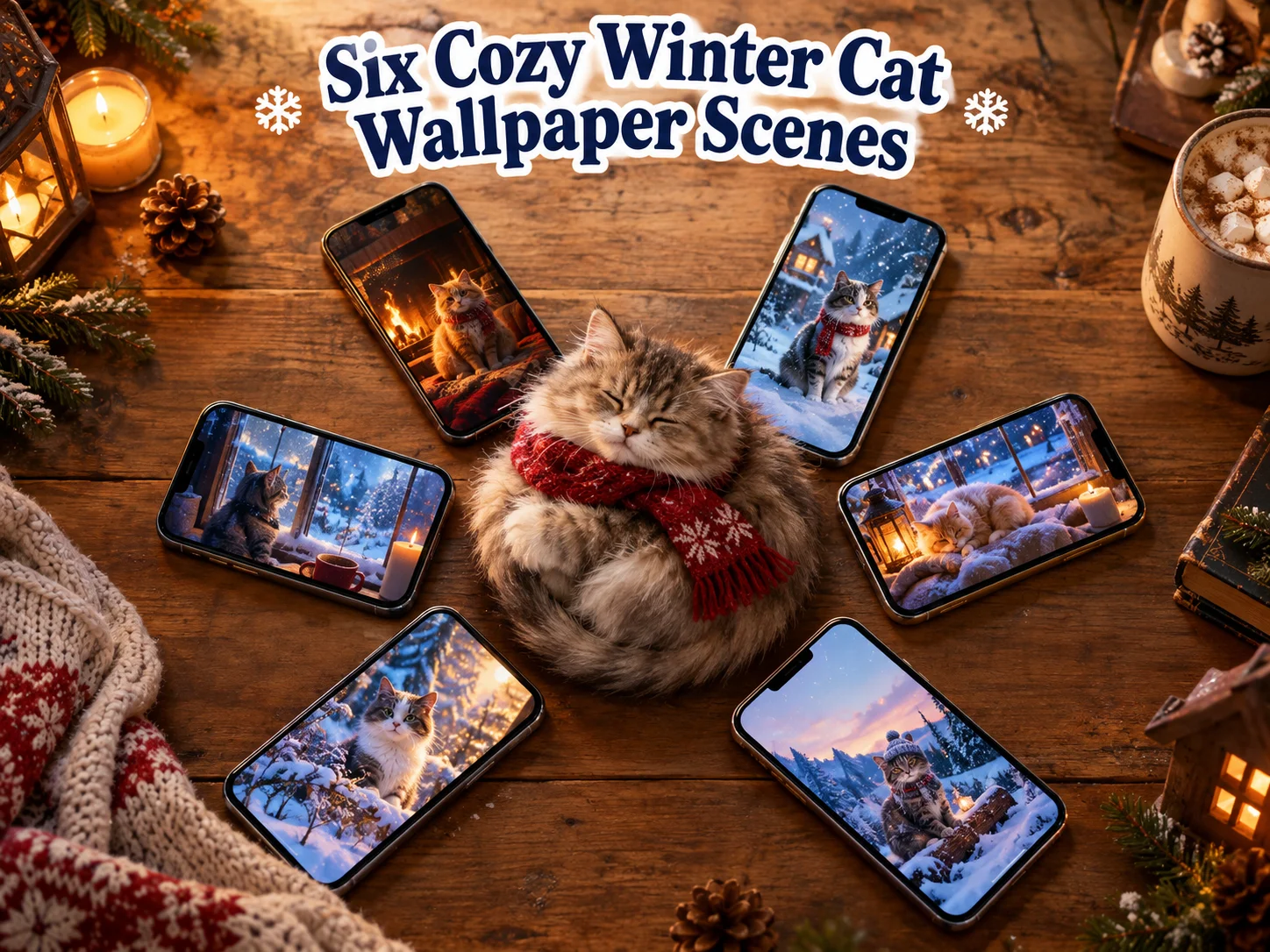 Six cozy winter cat wallpaper scenes