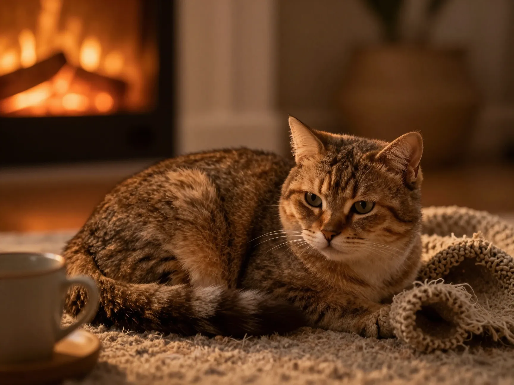 Fireside cat warmth scene
