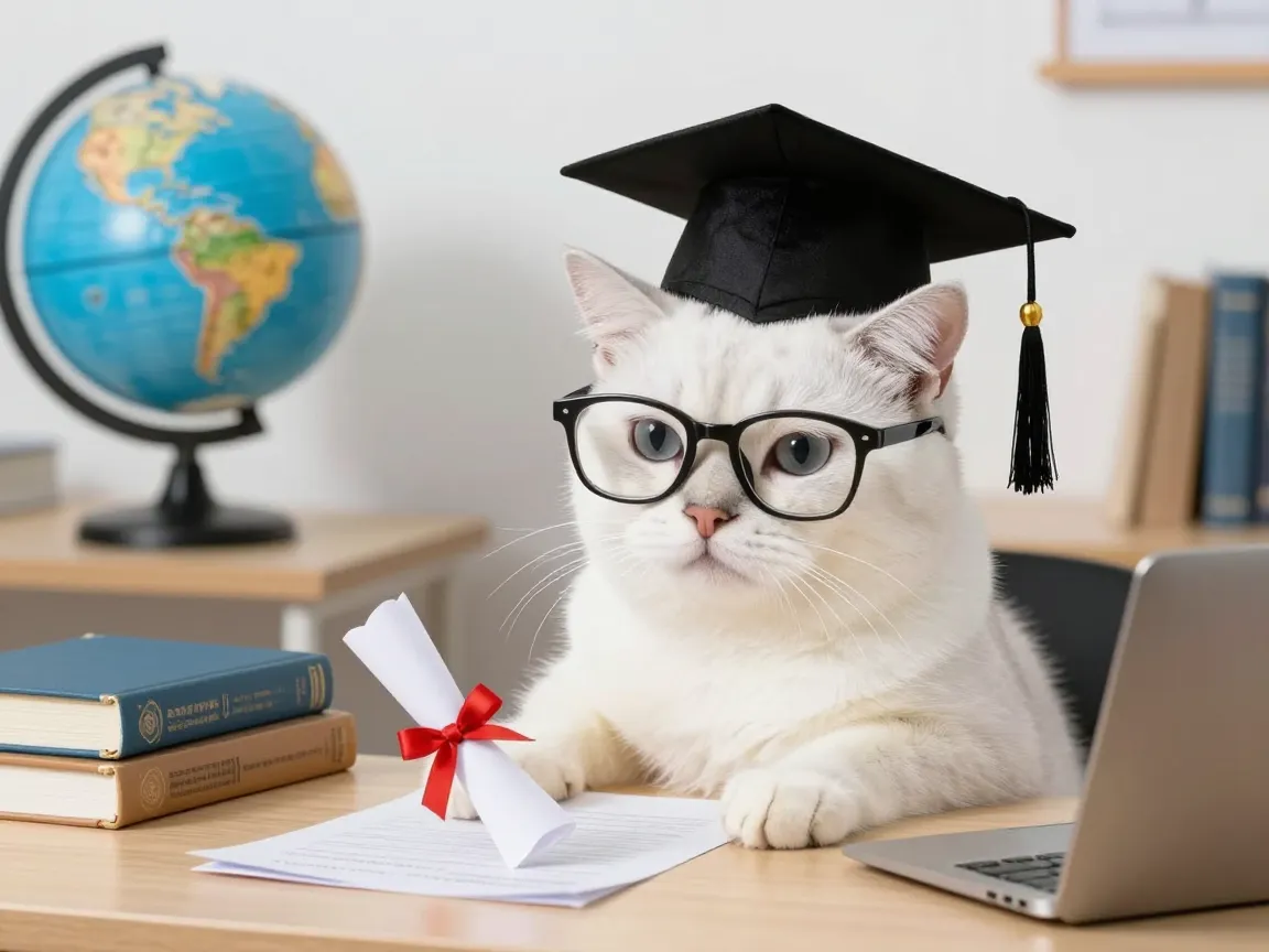 Graduation cap and diploma scholar cat