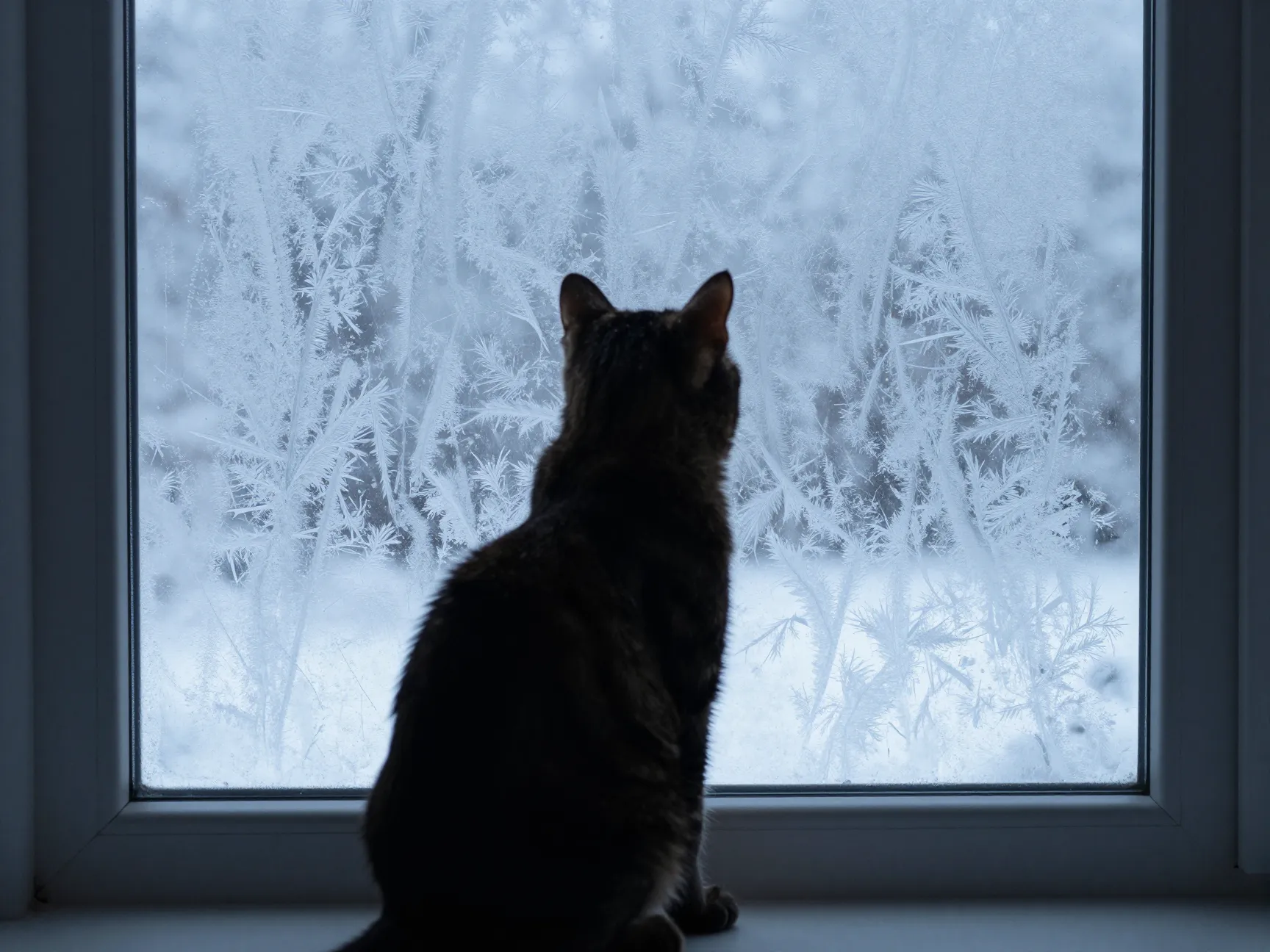 Frosted window cat scene