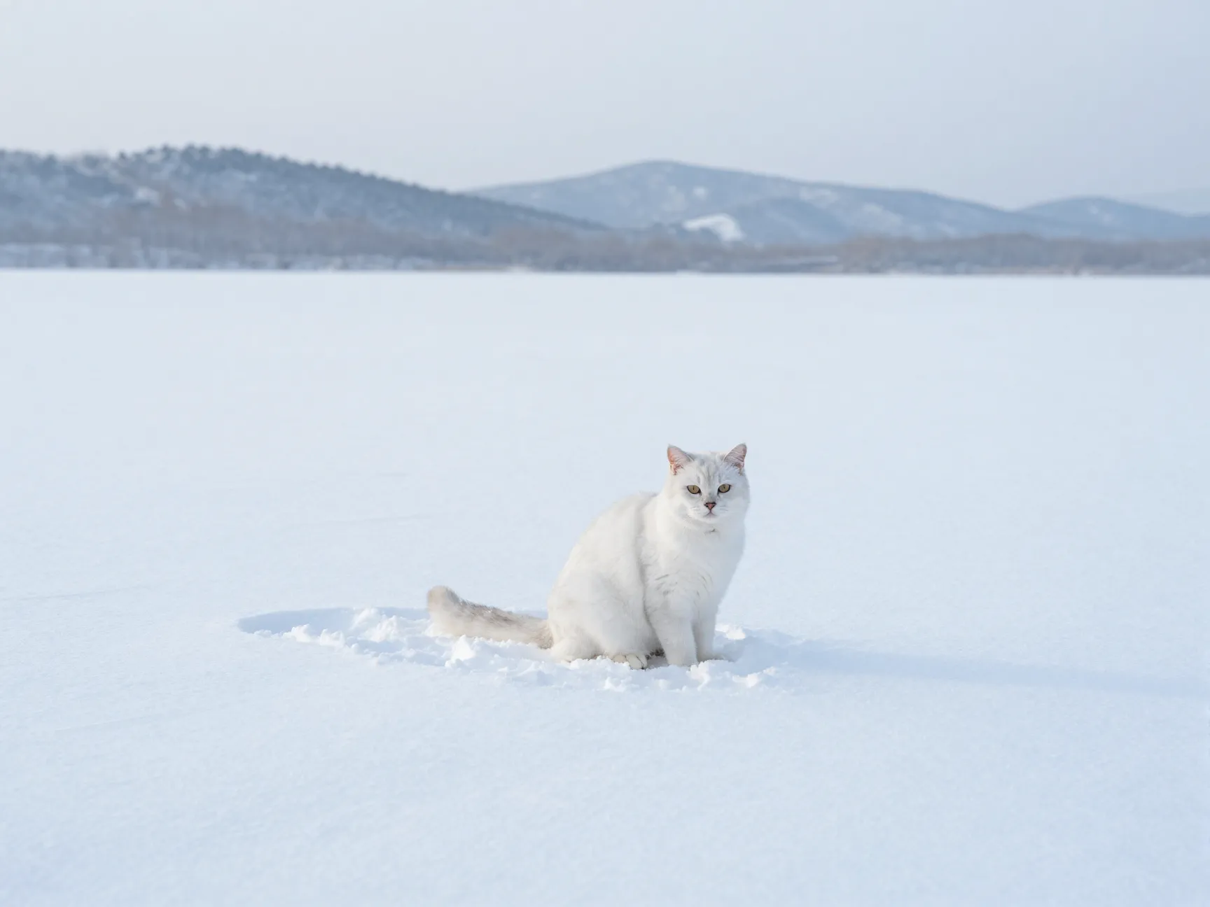 Snow covered white cat landscape scene