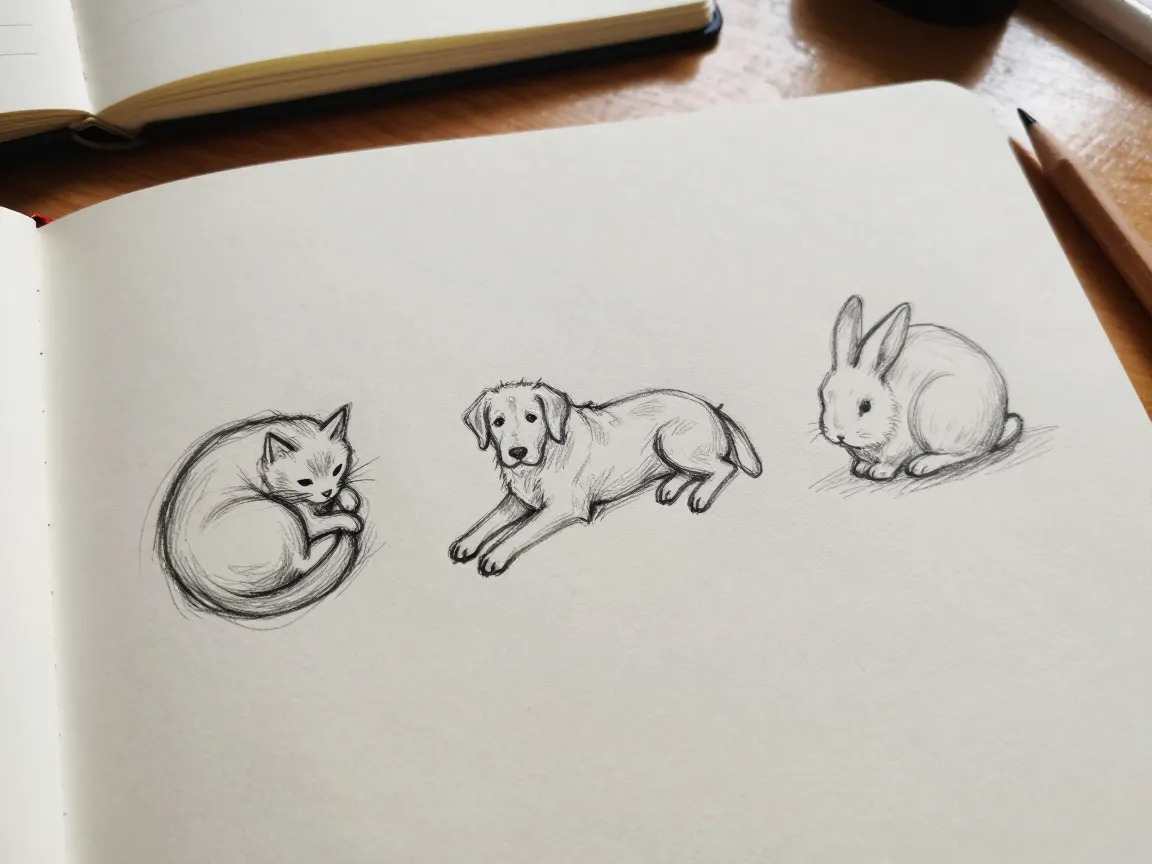 A close up multi panel view of a sleeping cat curled in a circle a dog sprawled on its side and a rabbit in a tight ball