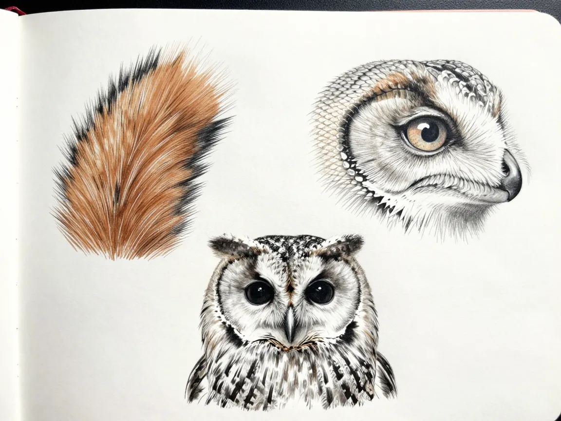 An extreme macro view of a foxs tail a lizards eye and an owls feather