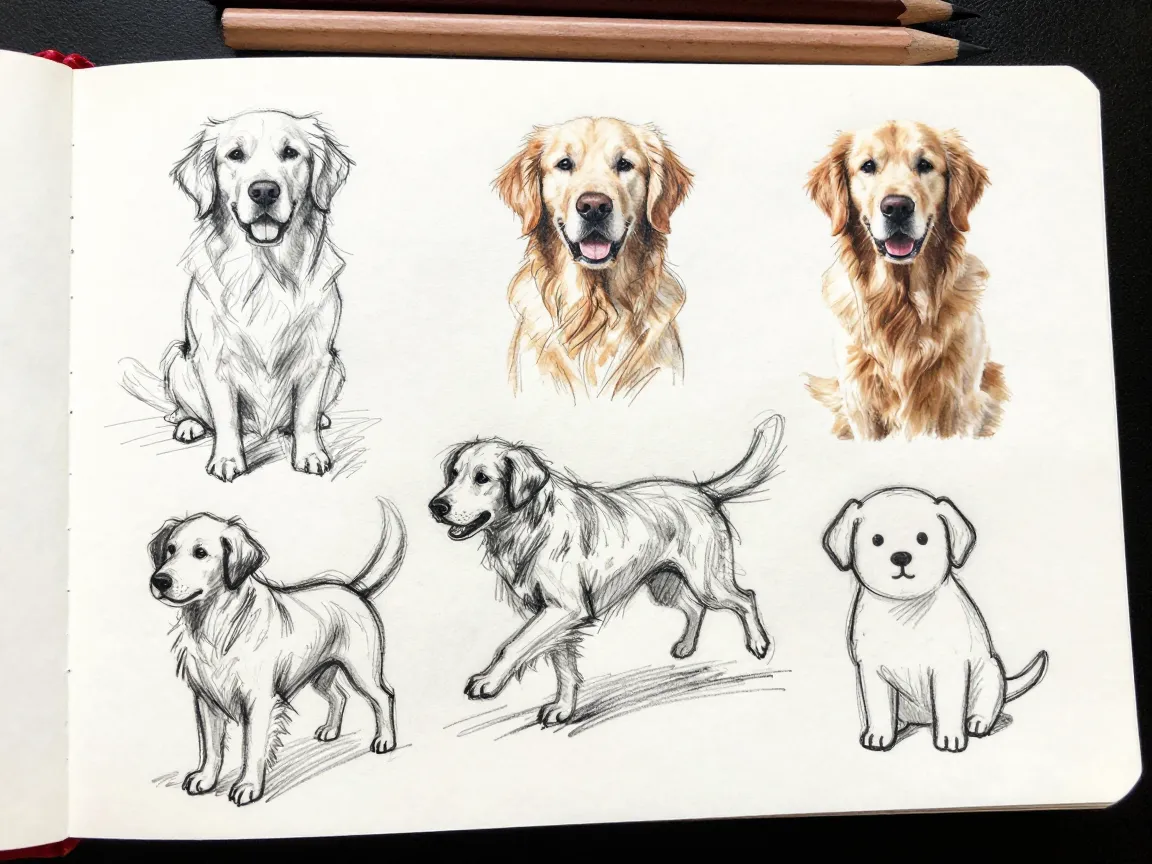 Five distinct sketches of a single dog arranged on a single sketchbook spread