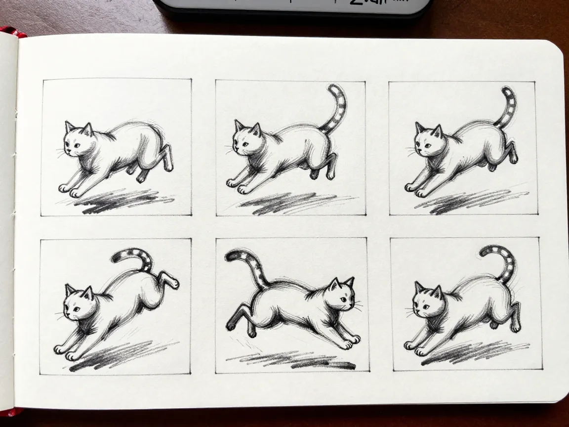 A series of six rapid energetic gesture drawings of a leaping cat