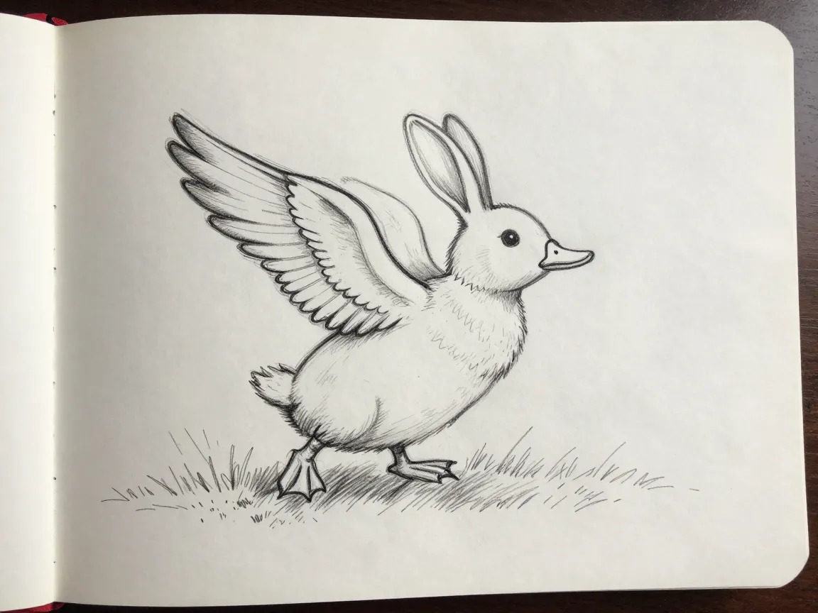 A whimsical pencil sketch of a rabbit with large detailed duck wings