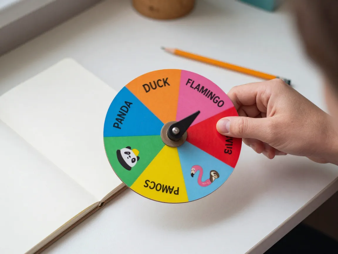A hand spins a colorful cardboard wheel labeled with animal names which lands on flamingo