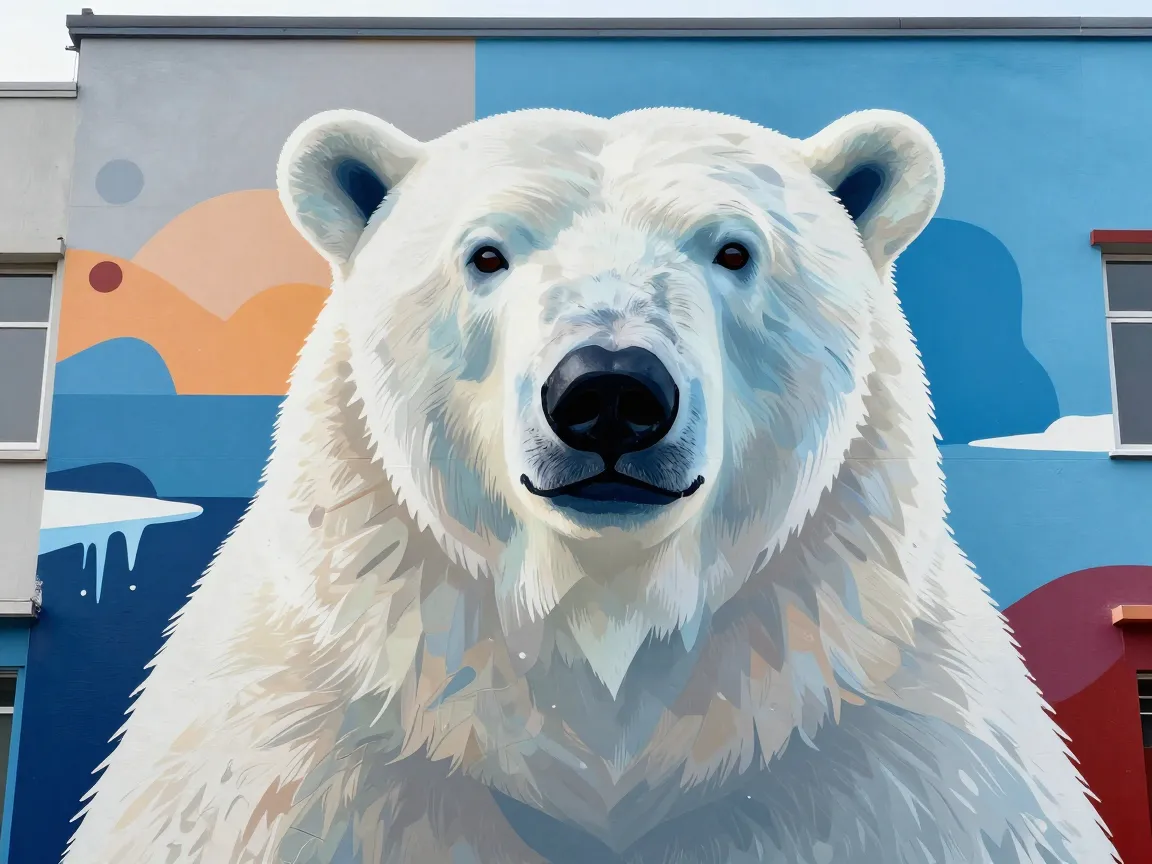 Large scale mural composition drawing on churchills polar bear street art legacy