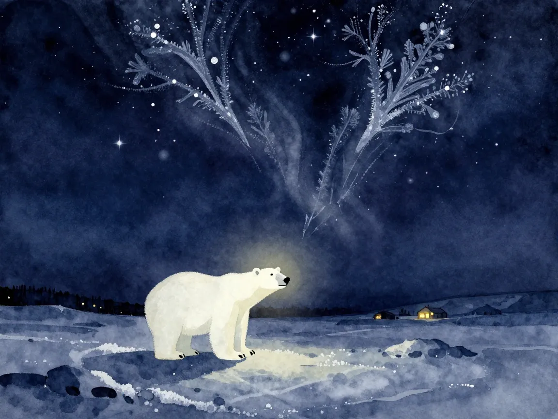 Watercolor arctic night scene with salt texture ice effects