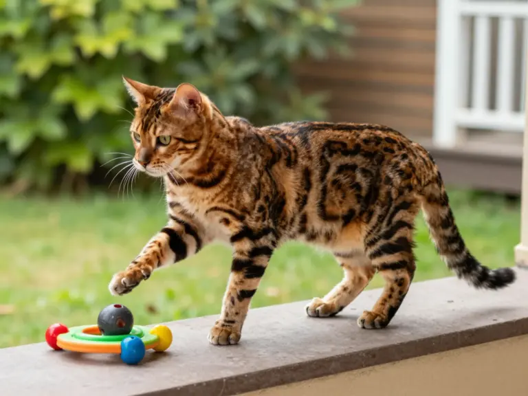 Featured Bengal Cat On Patio Perched With Spotted Coat And Toys