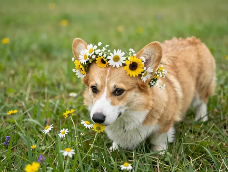 Featured Corgi Wearing Wildflower Wreath In Grassy Meadow Setting