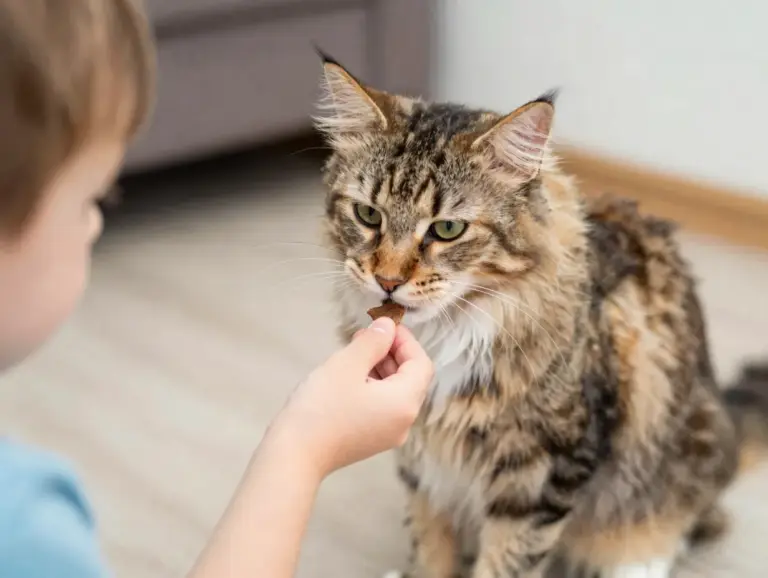 Featured Intelligent Norwegian Forest Cat Learning To Sit For Treat With Child